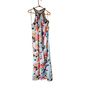 Calvin Klein Embellished Beaded Halter Neck Floral Maxi Dress 12 Pastelcore NWT